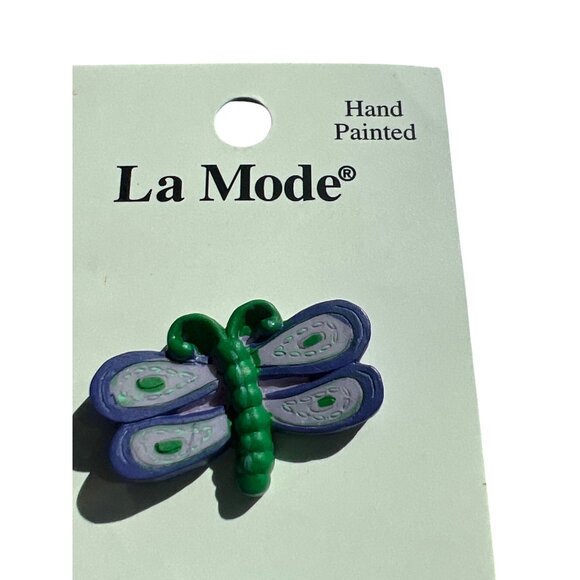 La Mode Hand Painted Dragonfly Buttons Set Of 2 Green & Purple 1213 New on Card - Picture 2 of 4